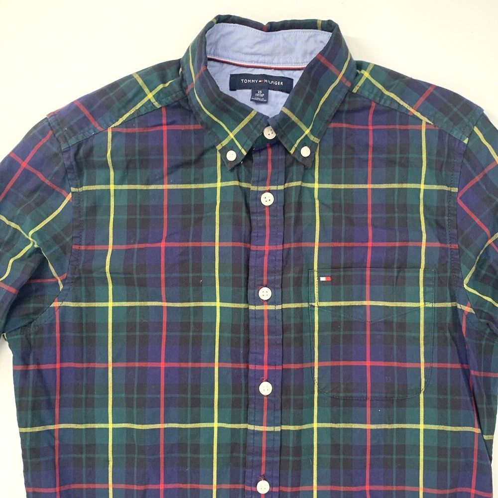 Tommy Hilfiger Navy Blue Plaid Long Sleeve Button Up Men's Shirt Size XS - Picture 7 of 9